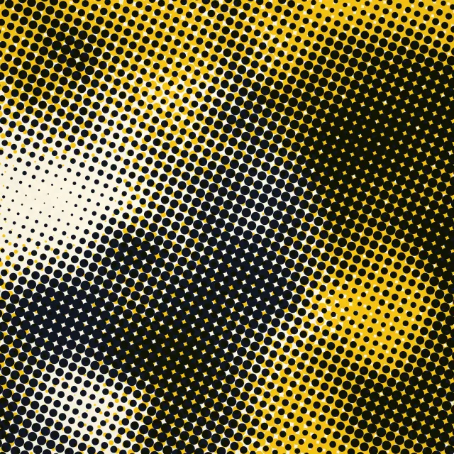Ink Spot Halftone: black halftone dots gather into soft cloudy shapes over cream paper, with a second layer of yellow dots tucked between them, iPad wallpaper