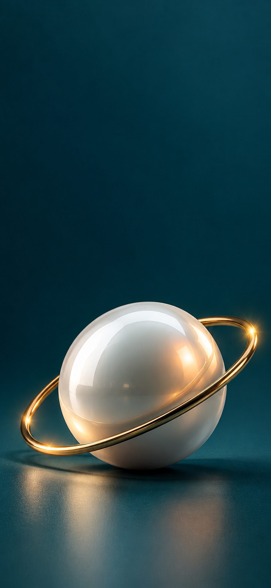 Glossy white sphere surrounded by a gold ring against a deep teal background