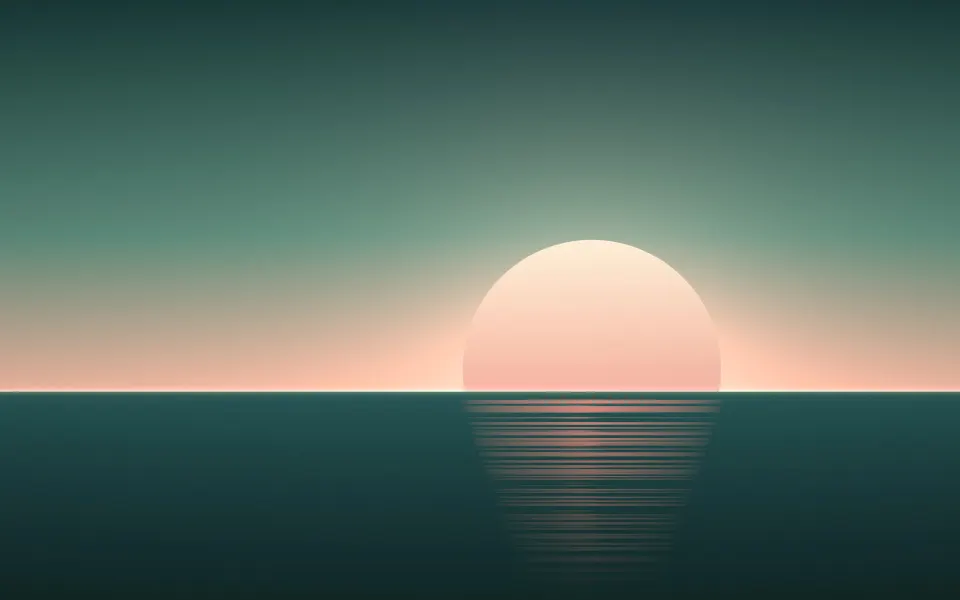 Jade Water Sundown: a blush pink sun sets over calm jade water, gentle streaks of reflected light rippling across the bay toward the shore, Mac wallpaper