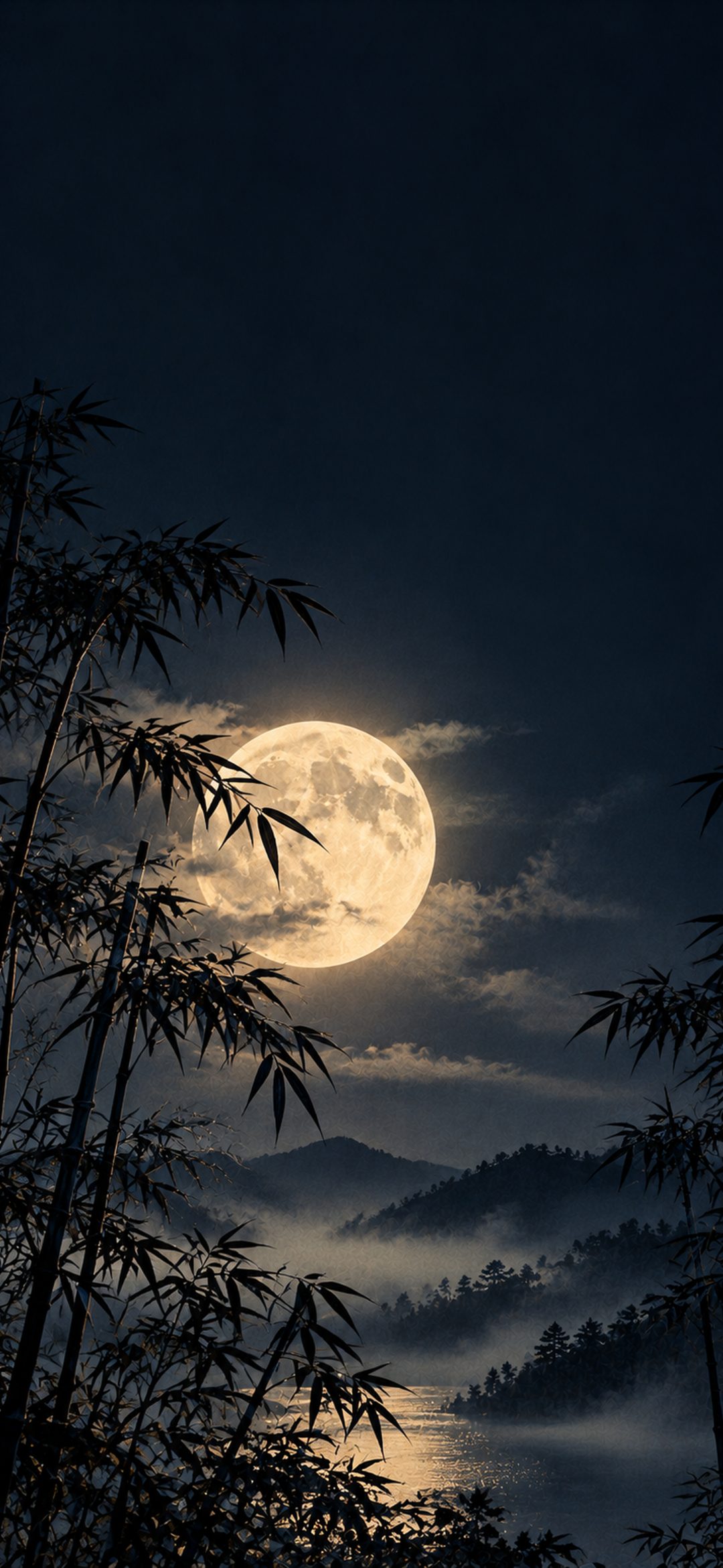 Full moon framed by black bamboo silhouettes above misty mountains and a lake at night