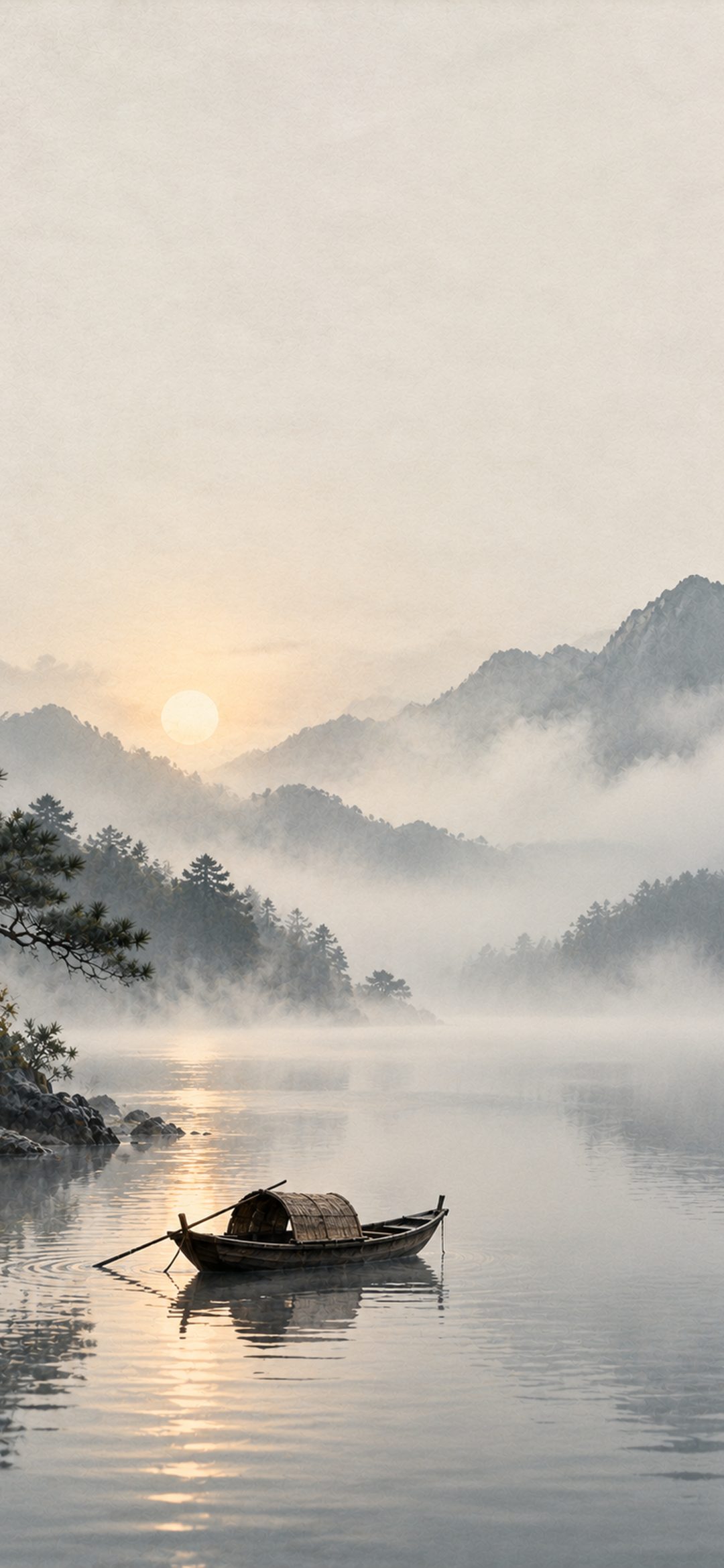 Small wooden fishing boat floating on a calm misty lake beneath layered grey mountains