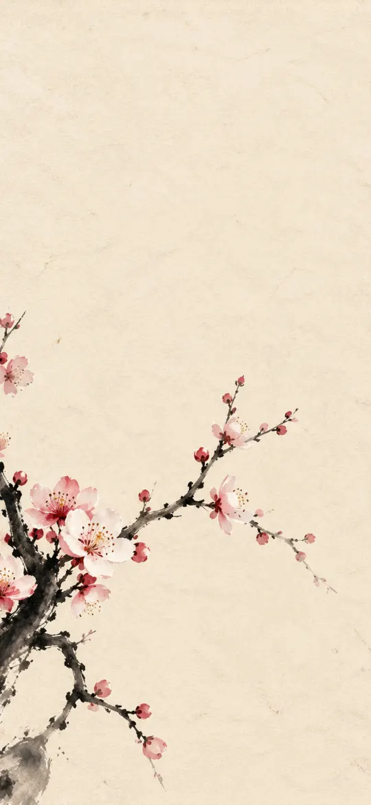 Pink and white plum blossoms on a black ink-brush branch against cream Japanese washi paper