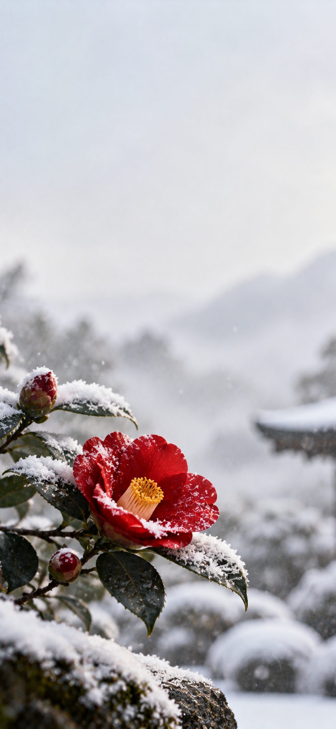 Crimson red camellia flower and dark green leaves dusted with snow against a misty pale winter garden