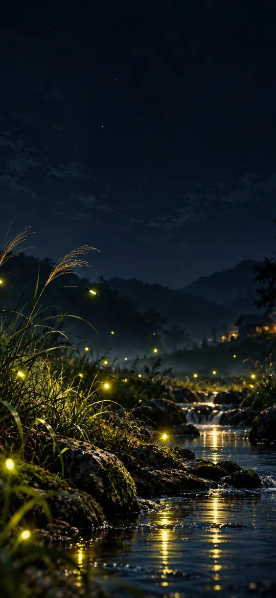 Golden fireflies glowing above a quiet stream bordered by tall grasses and mossy rocks beneath a deep indigo night sky