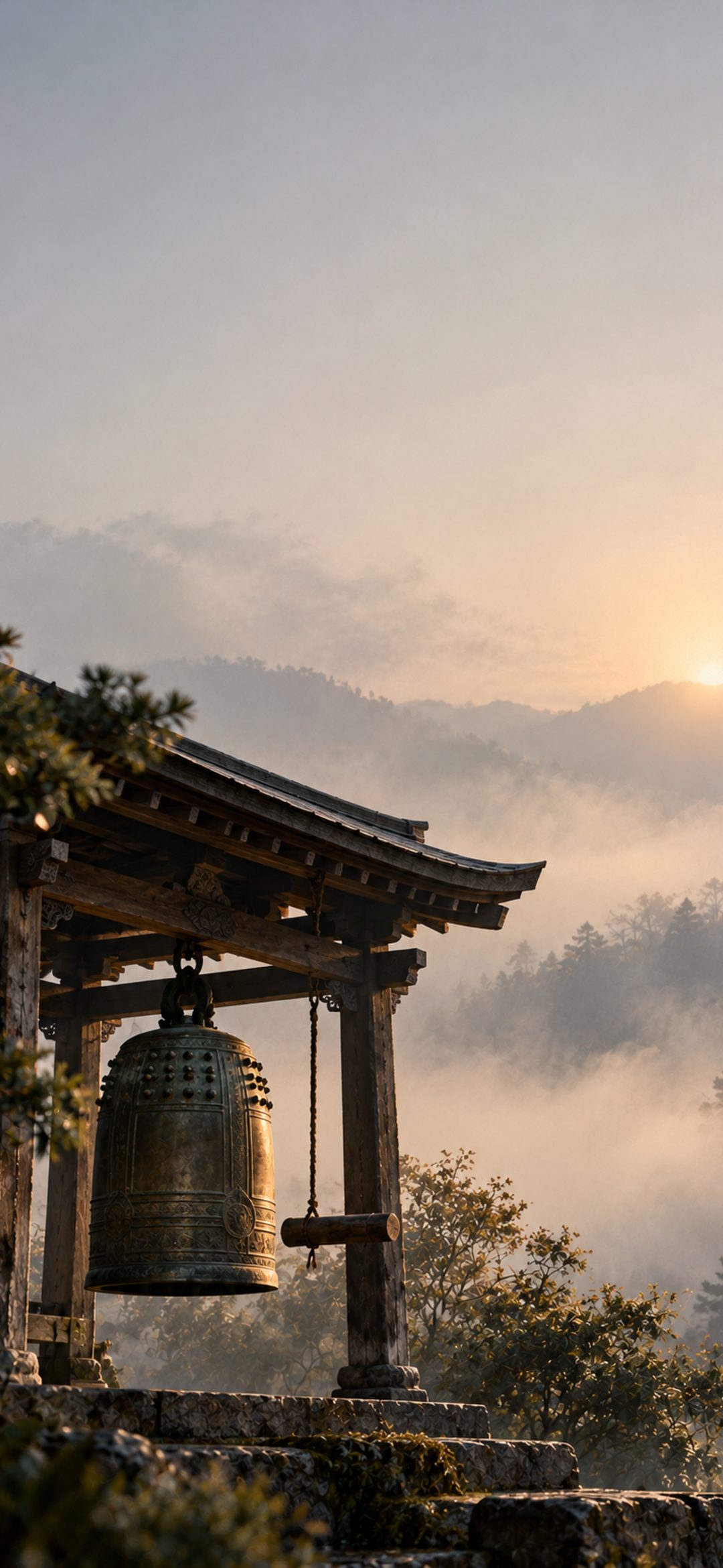 Weathered bronze temple bell hanging beneath a wooden pavilion in a misty mountain landscape