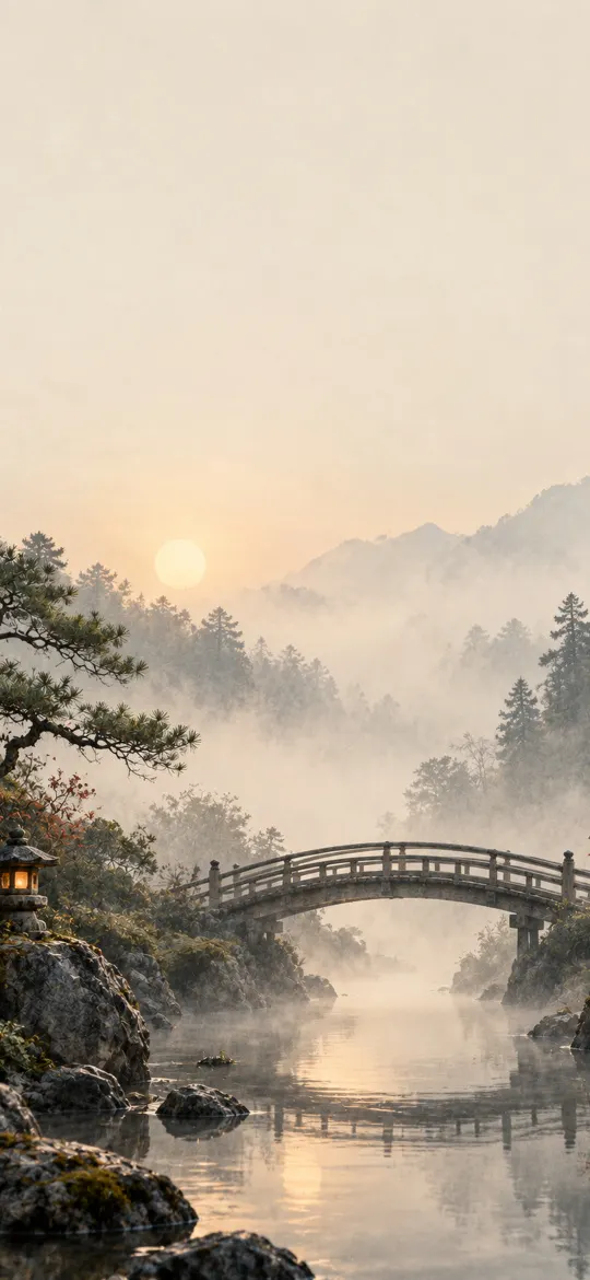 Arched wooden bridge crossing a calm stream in a misty Japanese garden at dawn
