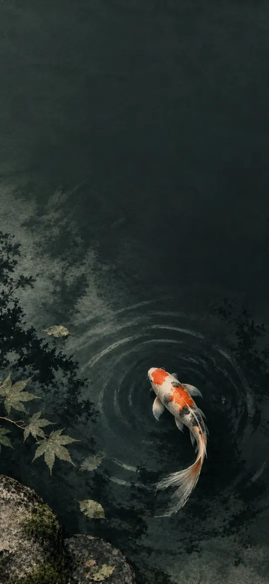 Orange and white koi fish swimming in a dark green pond with ripples