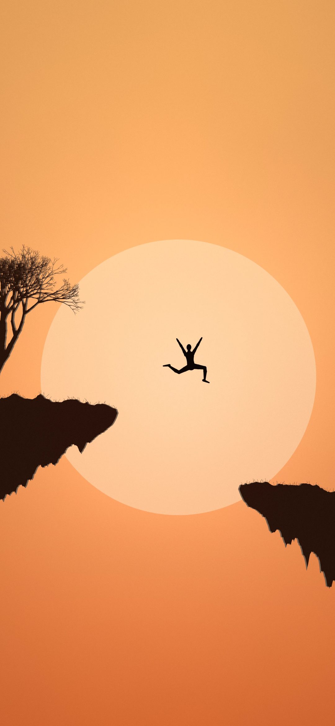 Jump the Gap at Sunset: a figure jumps across the gap between two rocky ledges in front of a big pale sun on a warm orange sky, iPhone wallpaper