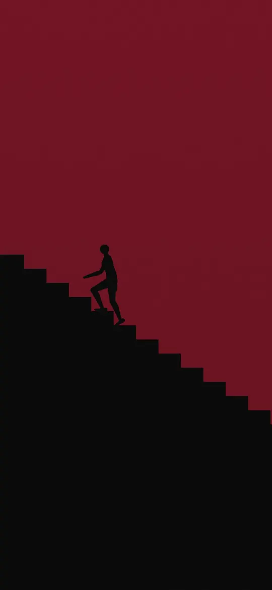 Keep Climbing Maroon: a black silhouette climbs a black staircase that rises diagonally across a flat deep maroon background, iPhone wallpaper