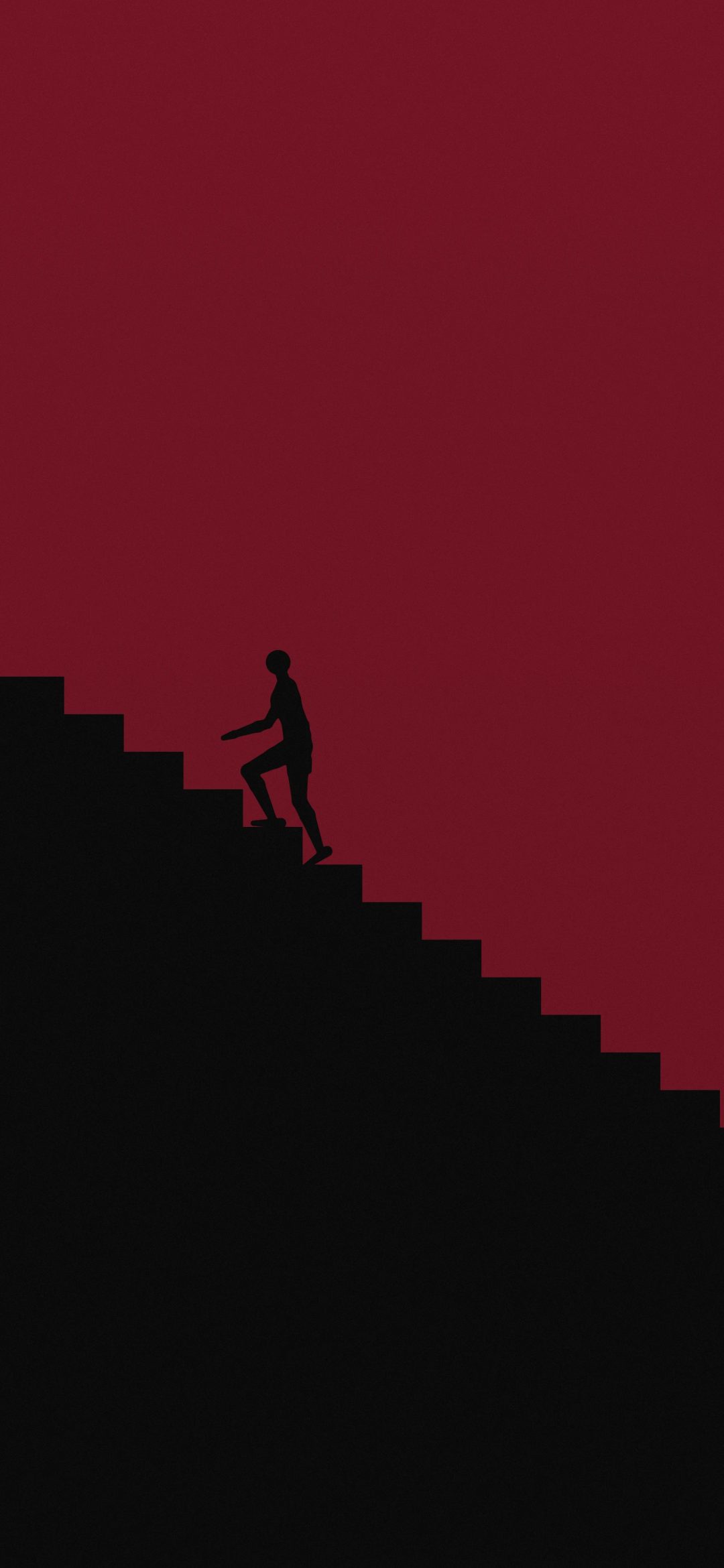 Keep Climbing Maroon: a black silhouette climbs a black staircase that rises diagonally across a flat deep maroon background, iPhone wallpaper
