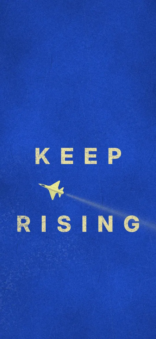 Keep Rising Blue Poster: widely spaced pale yellow capitals KEEP RISING sit on worn cobalt blue paper with a small jet between them, iPhone wallpaper