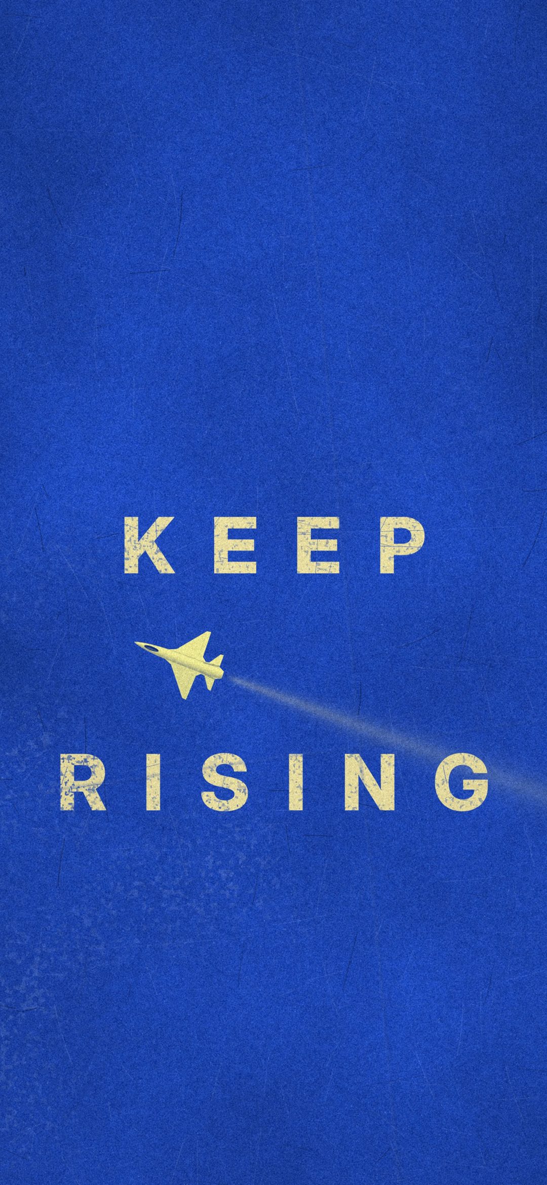 Keep Rising Blue Poster: widely spaced pale yellow capitals KEEP RISING sit on worn cobalt blue paper with a small jet between them, iPhone wallpaper