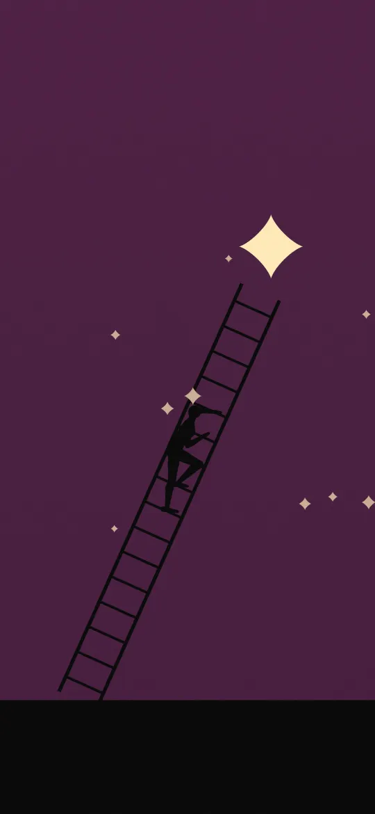 Ladder to a Star: a figure climbs a tall ladder towards a bright star on deep plum with tiny stars, iPhone wallpaper