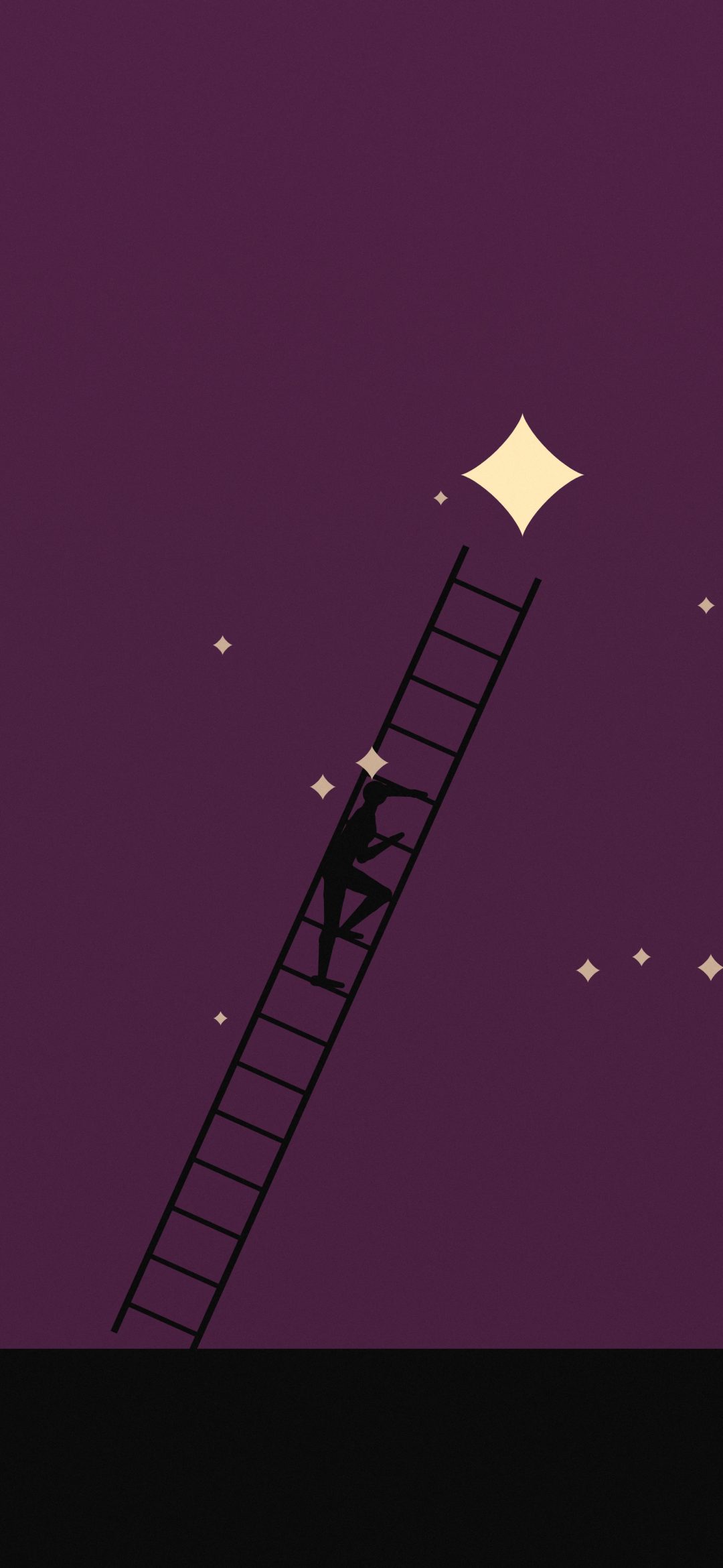 Ladder to a Star: a figure climbs a tall ladder towards a bright star on deep plum with tiny stars, iPhone wallpaper