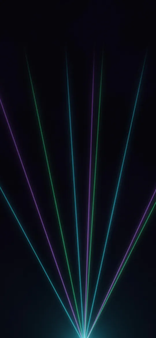 Laser Fan Haze: cyan, violet and green laser beams fan upward from a bright source through drifting haze, like a stage show in the dark, iPhone wallpaper