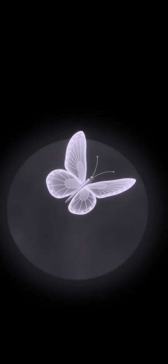 Lavender Butterfly Moon: a glowing lavender butterfly crosses in front of a dim moon on a deep black sky, iPhone wallpaper