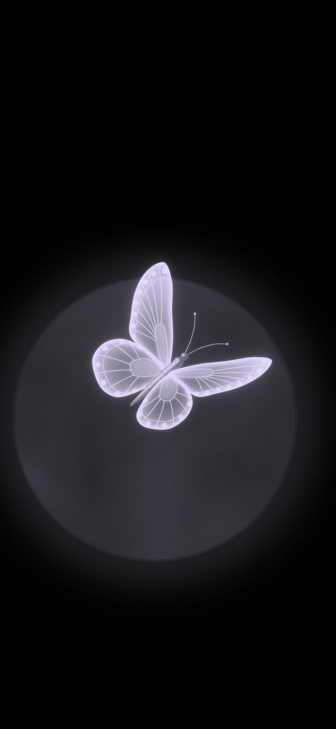 Lavender Butterfly Moon: a glowing lavender butterfly crosses in front of a dim moon on a deep black sky, iPhone wallpaper