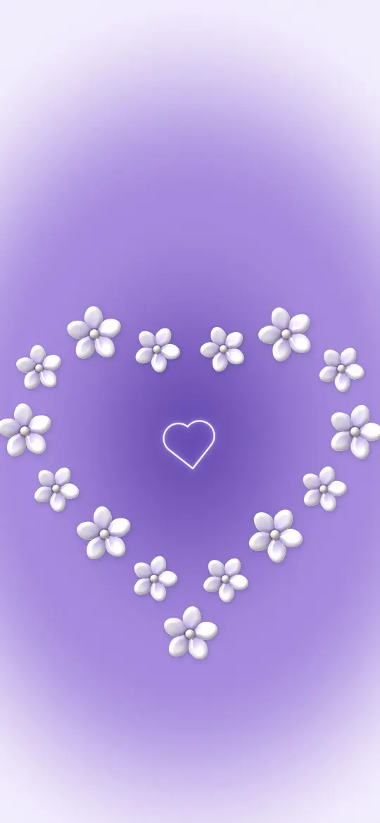 Lavender Flower Heart: small glossy white flowers form a heart around a tiny outlined heart in a lavender glow, iPhone wallpaper