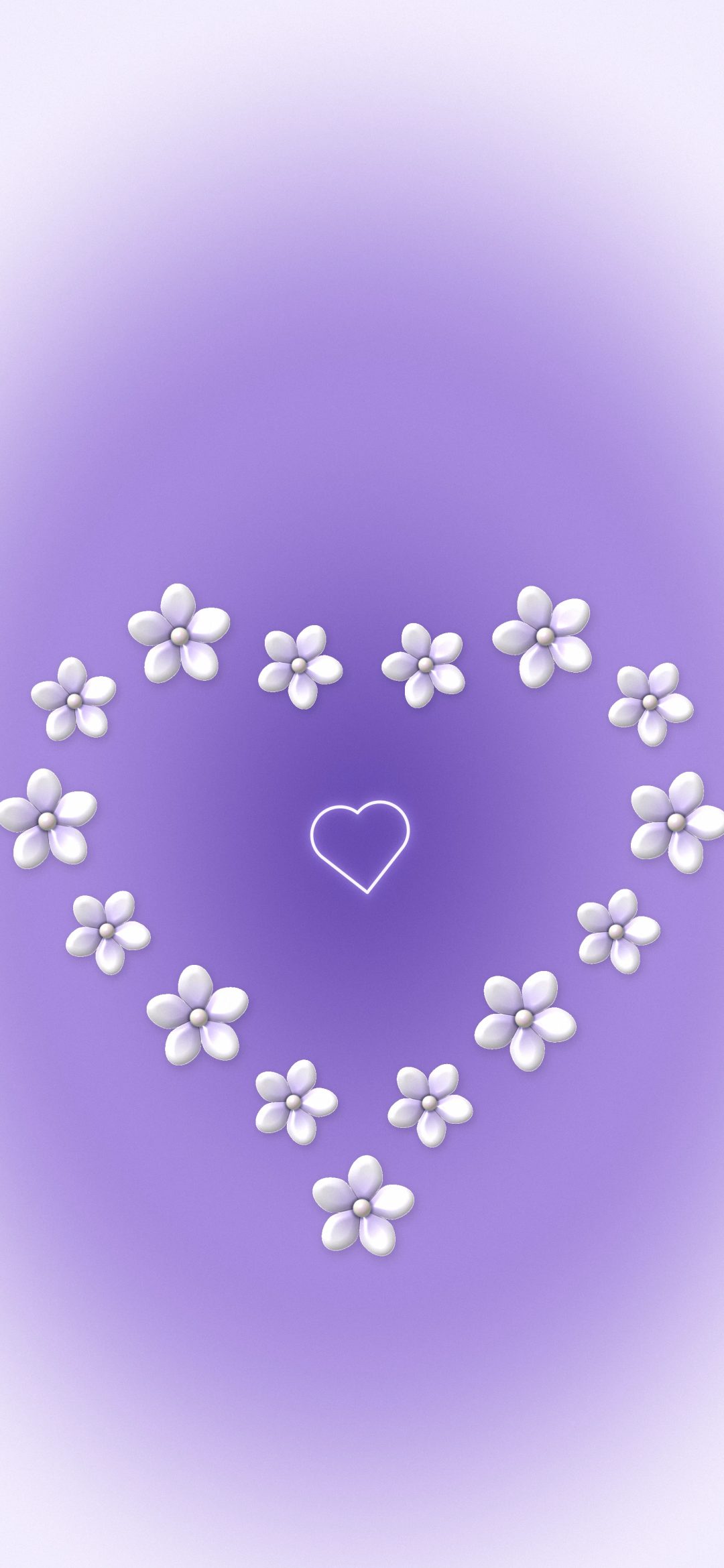 Lavender Flower Heart: small glossy white flowers form a heart around a tiny outlined heart in a lavender glow, iPhone wallpaper