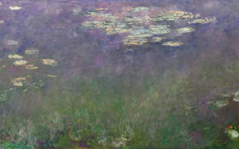 Water lilies on a violet and green pond in soft brushstrokes