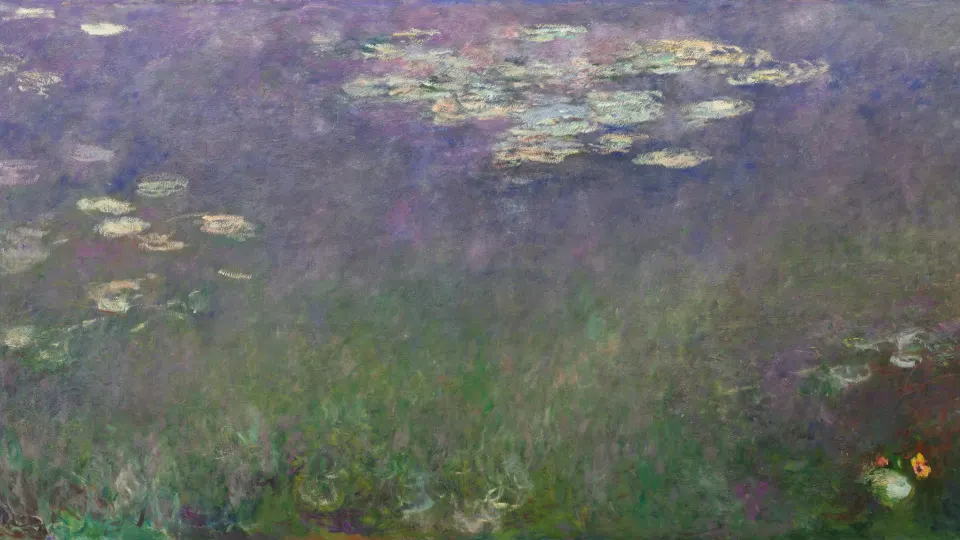 Water lilies on a violet and green pond in soft brushstrokes