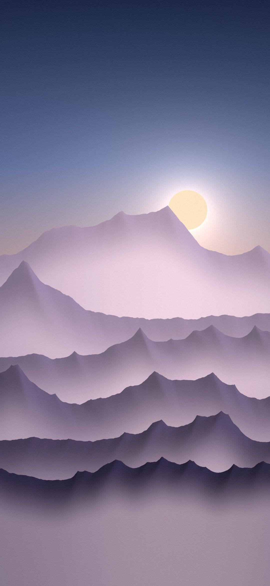 Lavender Ridge Mist: layer after layer of violet mountains fade into soft morning mist, with a pale gold sun rising behind the farthest ridge, iPhone wallpaper