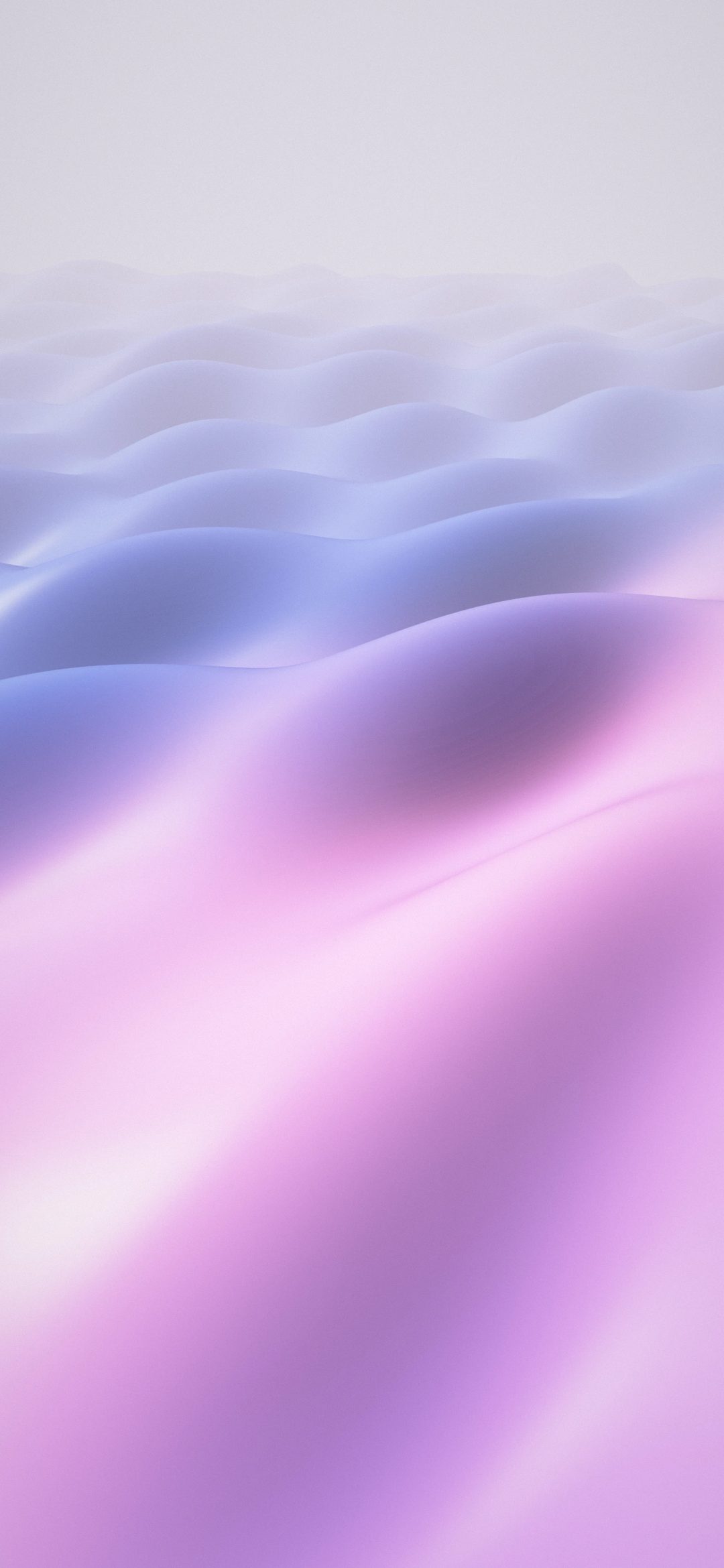 Lavender Silk Drift: glossy lavender, violet, pink and periwinkle silk waves drift up the screen and fade into a soft pale lilac mist at the top, iPhone wallpaper