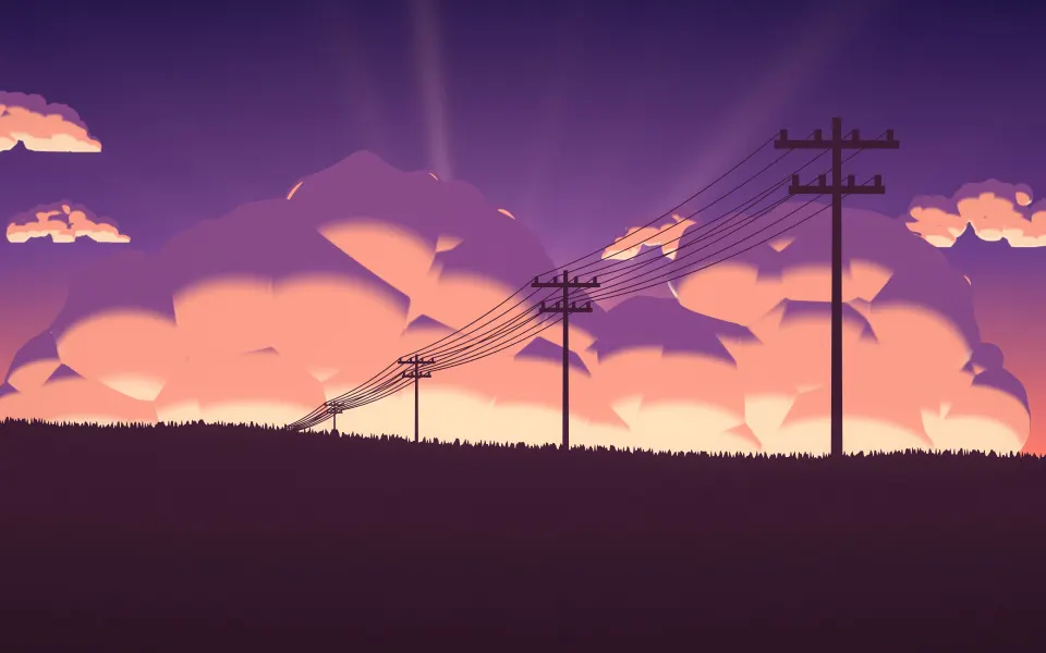Lavender Sky Power Lines: a violet sky burns coral at the horizon as the sun sets behind a tall cloud, power lines stretching away across the dark fields, Mac wallpaper