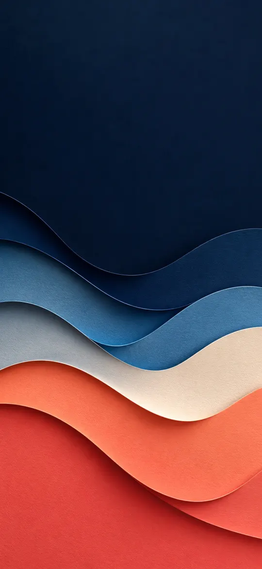 Layered paper-cut waves in navy, blue, cream, and coral with soft shadows