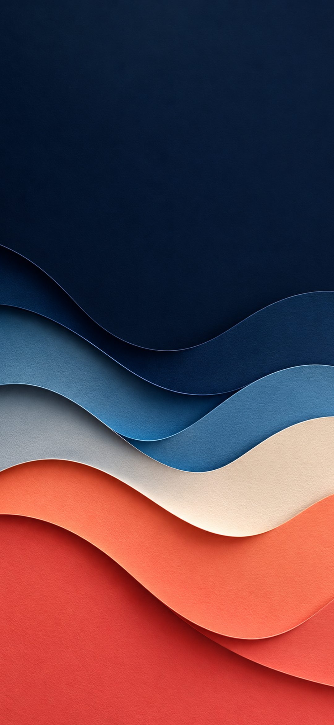 Layered paper-cut waves in navy, blue, cream, and coral with soft shadows