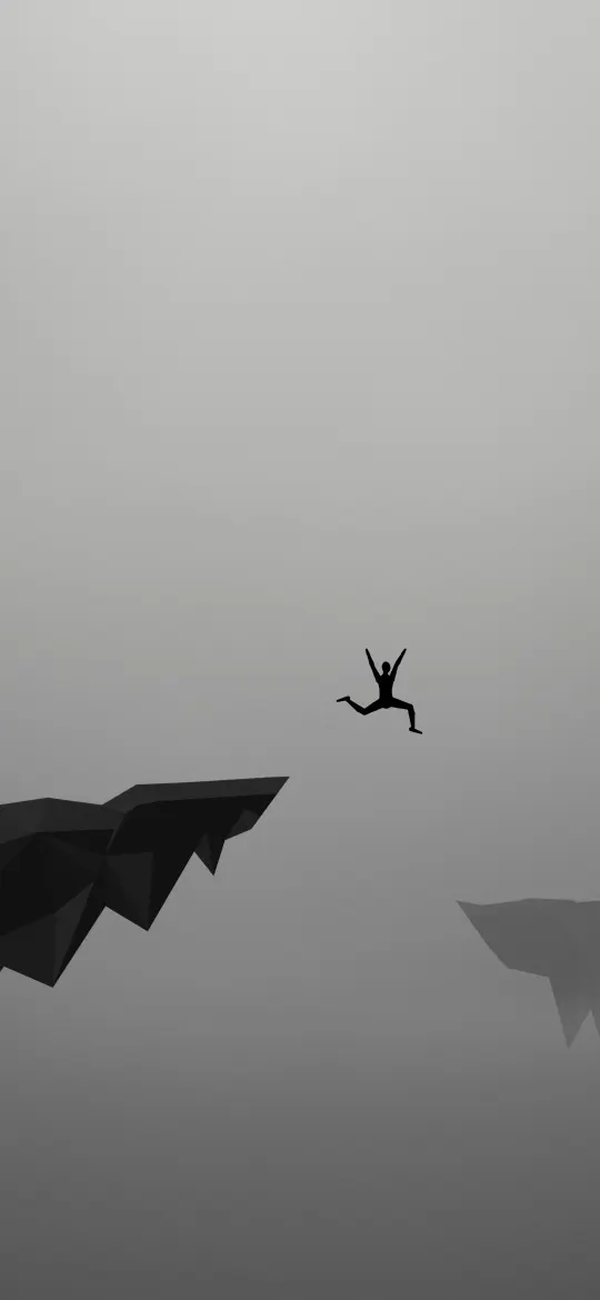 Leap of Faith in Grey: a small silhouetted figure leaps off a dark faceted cliff into a soft grey sky, with a far cliff fading in the haze, iPhone wallpaper