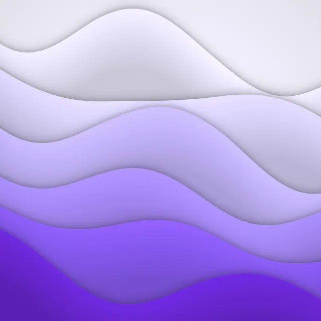 Lilac Paper Waves: layers of lilac and violet curve across the screen like waves of cut paper with soft drop shadows, iPad wallpaper