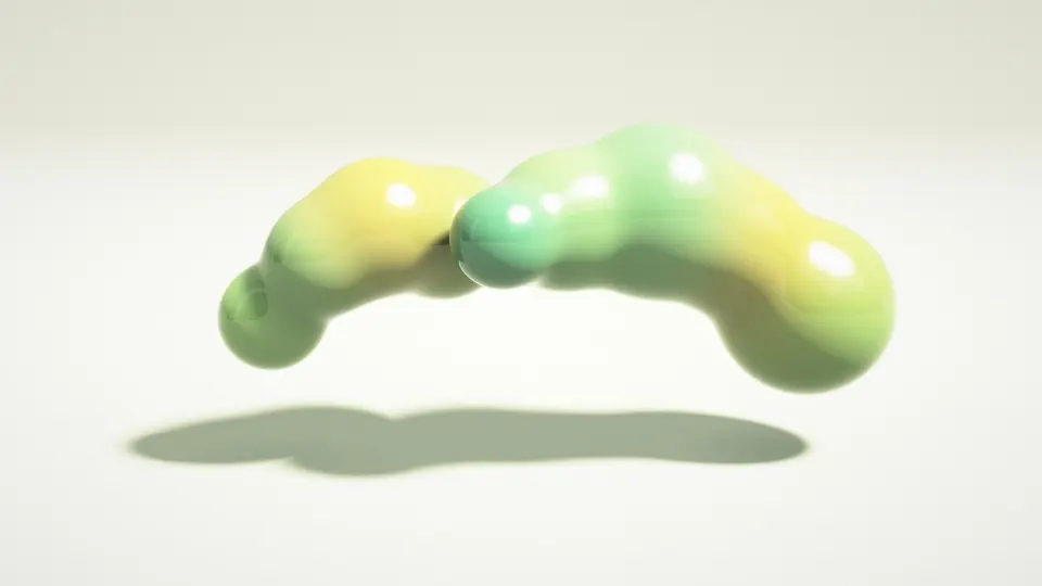 Lime Jelly Drift: a glossy jelly-like blob shifts from lime to mint, yellow and leaf green as it drifts above a pale green studio floor, PC wallpaper