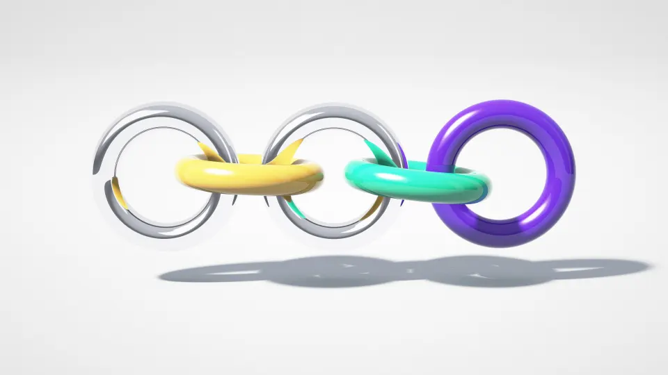 Linked Chrome Rings: a chain of interlocked rings in chrome, yellow, teal and violet floats above a pale blue floor, its shadow falling below, PC wallpaper