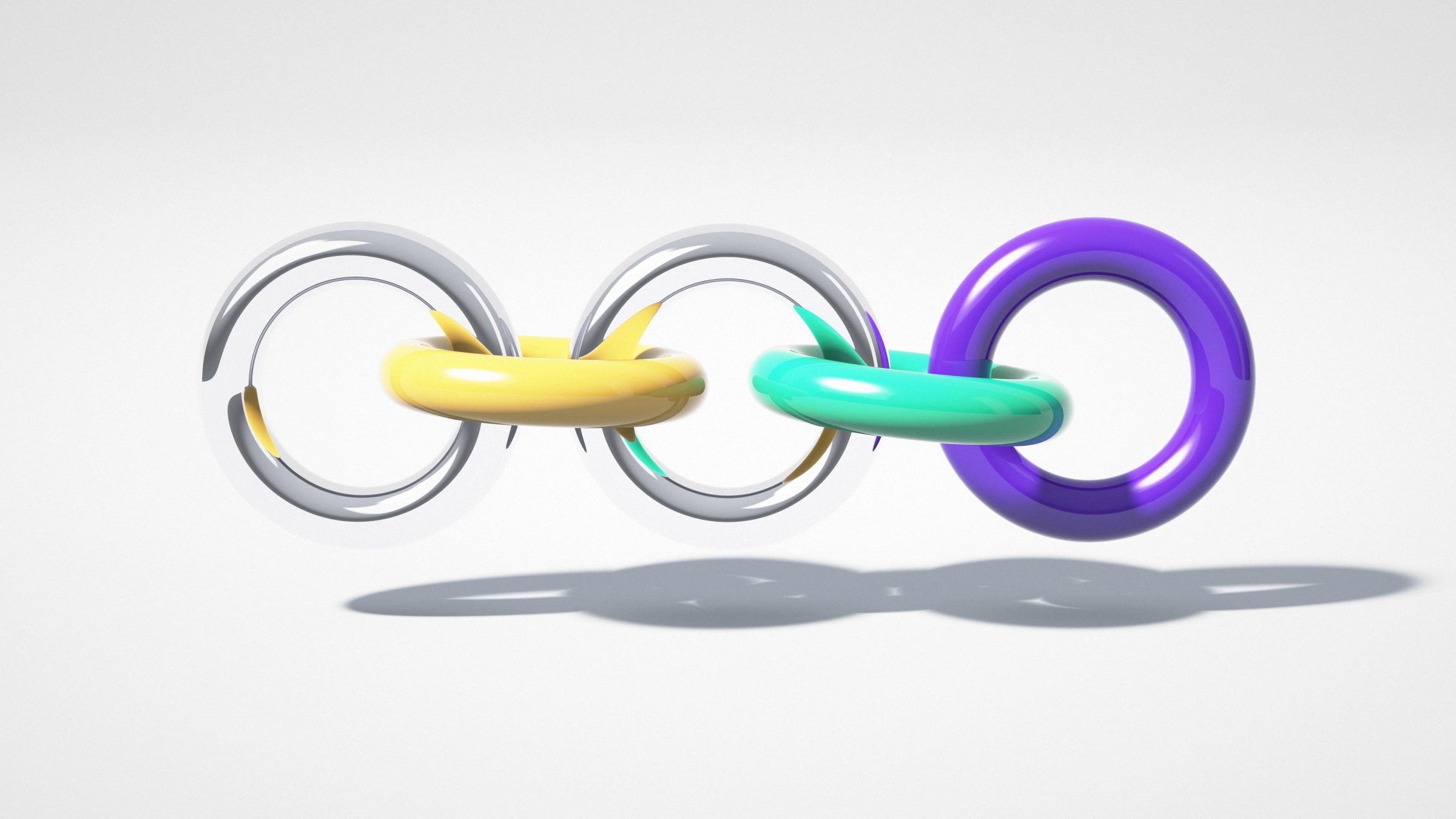 Linked Chrome Rings: a chain of interlocked rings in chrome, yellow, teal and violet floats above a pale blue floor, its shadow falling below, PC wallpaper