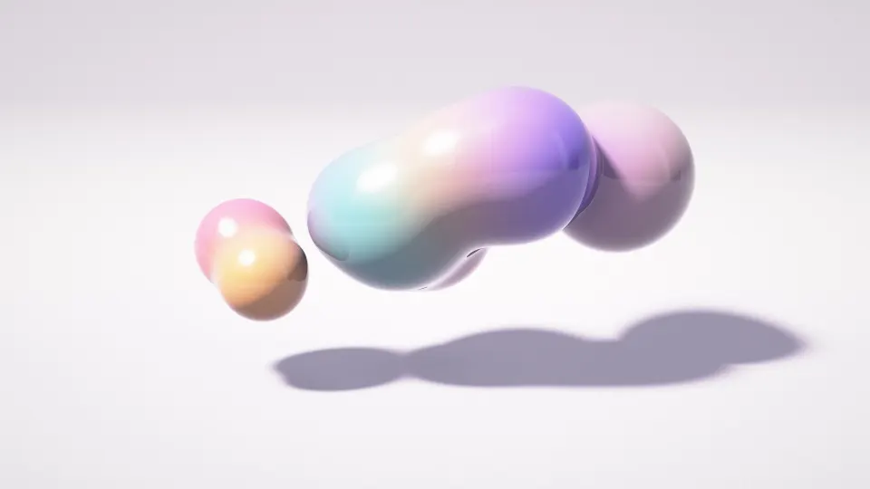 Liquid Candy Blob: a floating glossy blob melts from peach to pink, violet and aqua above a lilac studio floor, casting a soft shadow below, PC wallpaper