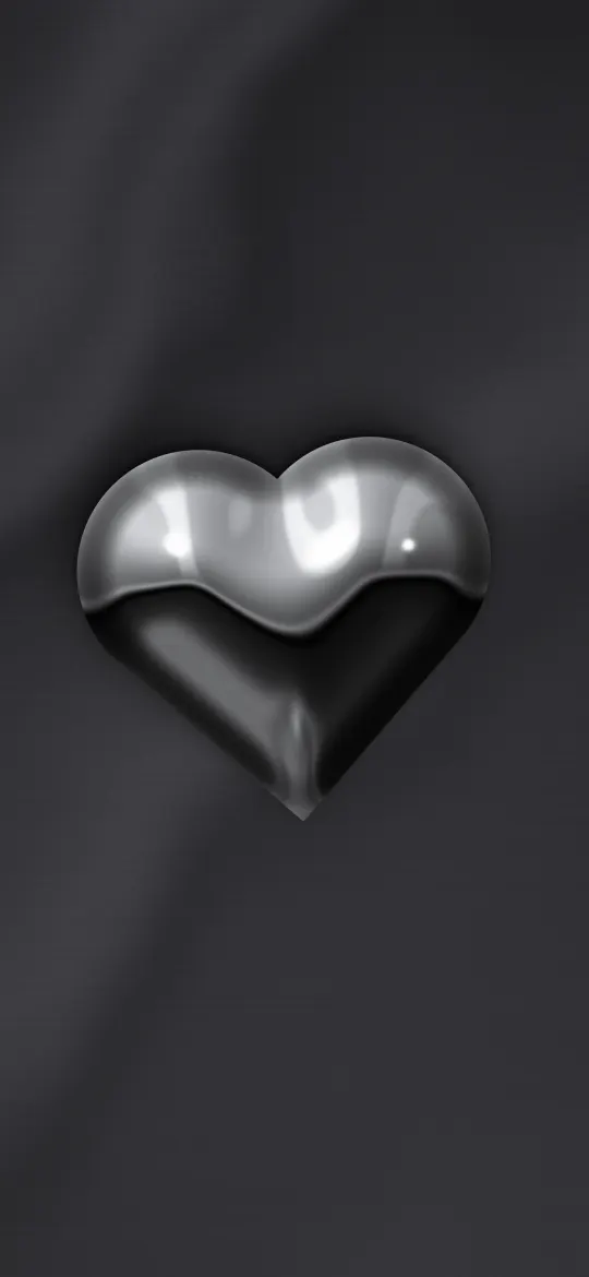Liquid Chrome Heart: a polished liquid-chrome heart with bright reflections floats on draped graphite satin, iPhone wallpaper