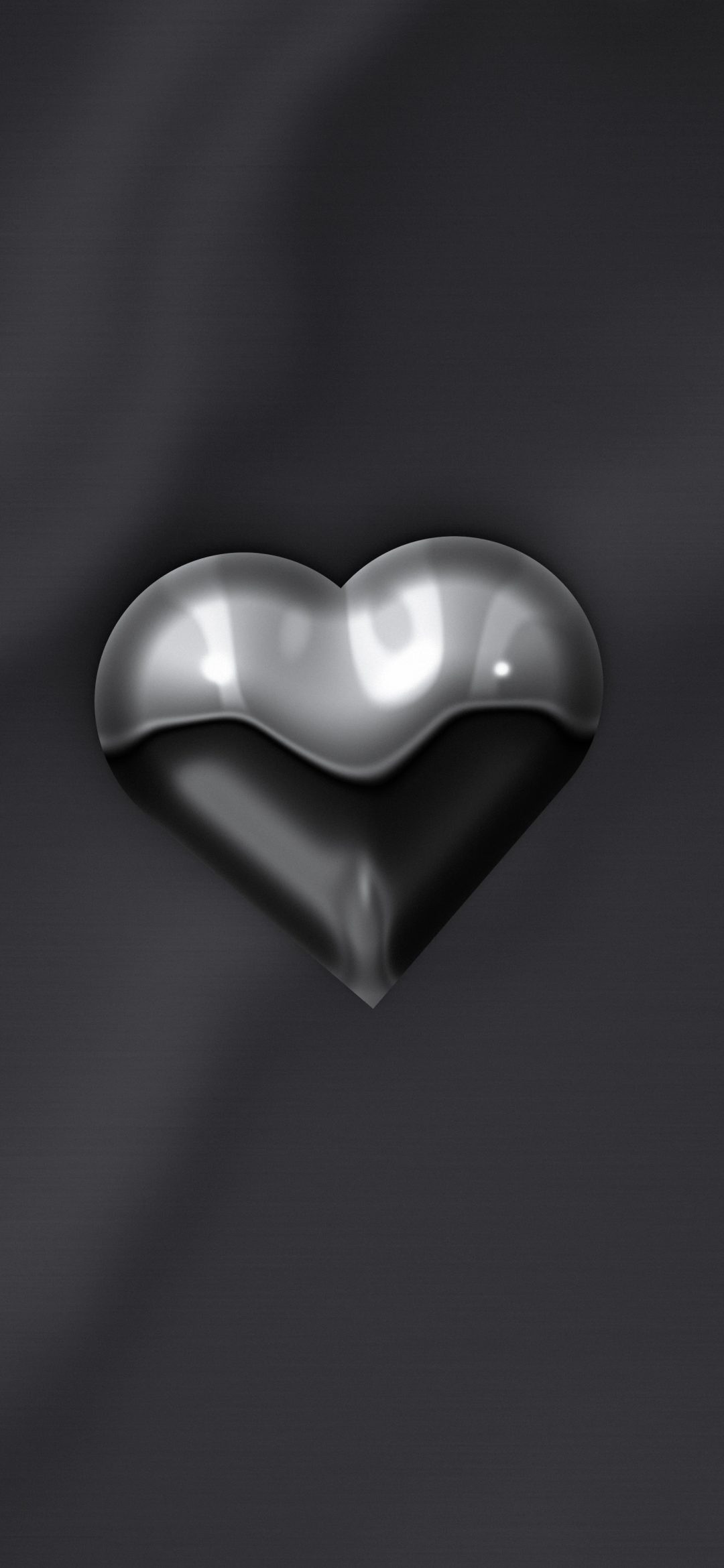 Liquid Chrome Heart: a polished liquid-chrome heart with bright reflections floats on draped graphite satin, iPhone wallpaper
