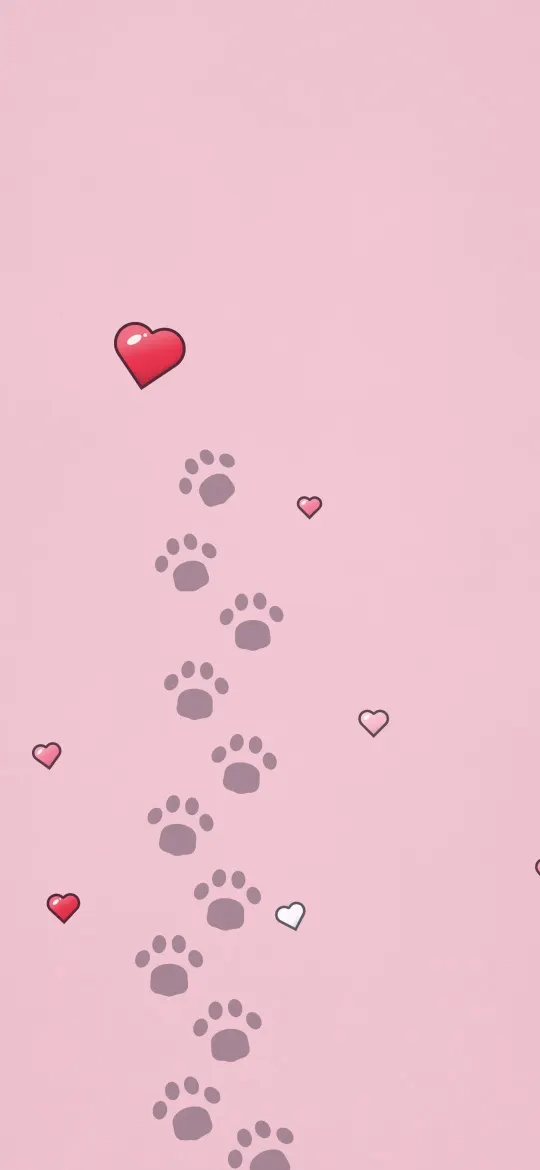 Little Paw Print Trail: a trail of grey paw prints walks up the screen towards a red heart, with tiny hearts scattered on pastel pink, iPhone wallpaper