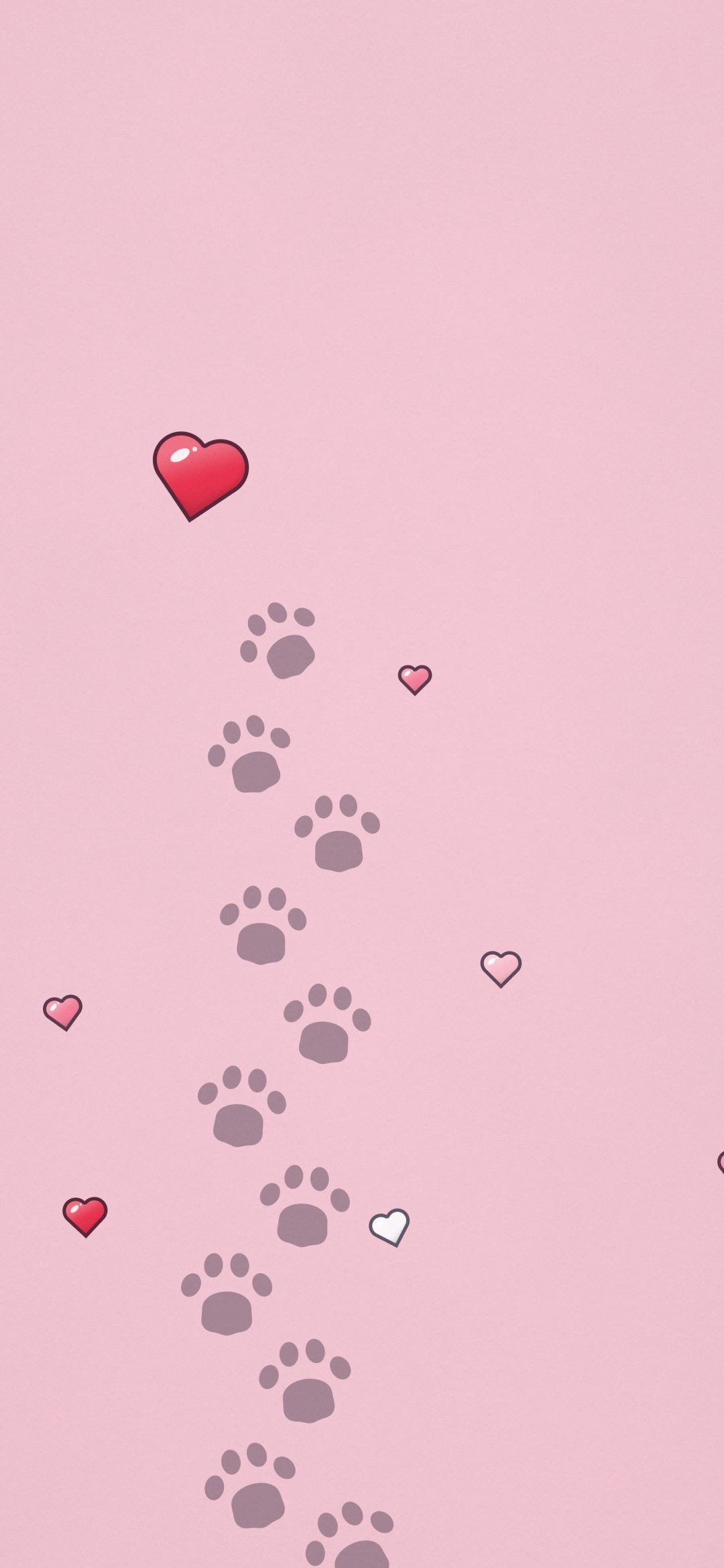 Little Paw Print Trail: a trail of grey paw prints walks up the screen towards a red heart, with tiny hearts scattered on pastel pink, iPhone wallpaper