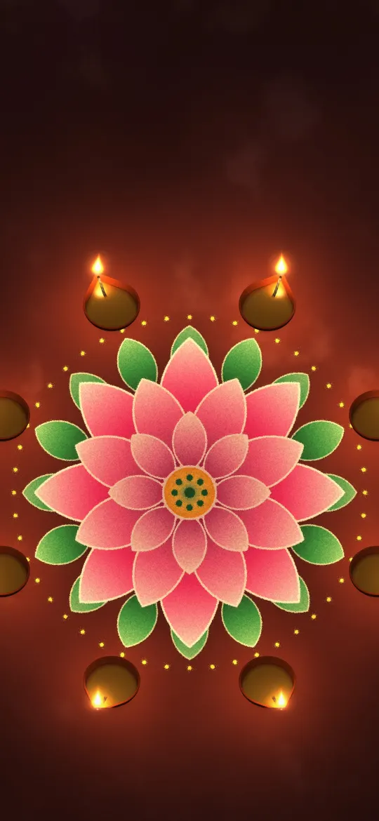 Lotus Rangoli with Diyas: a pink powder lotus with green leaves is circled by eight glowing clay diyas on a red-brown floor at dusk, iPhone wallpaper