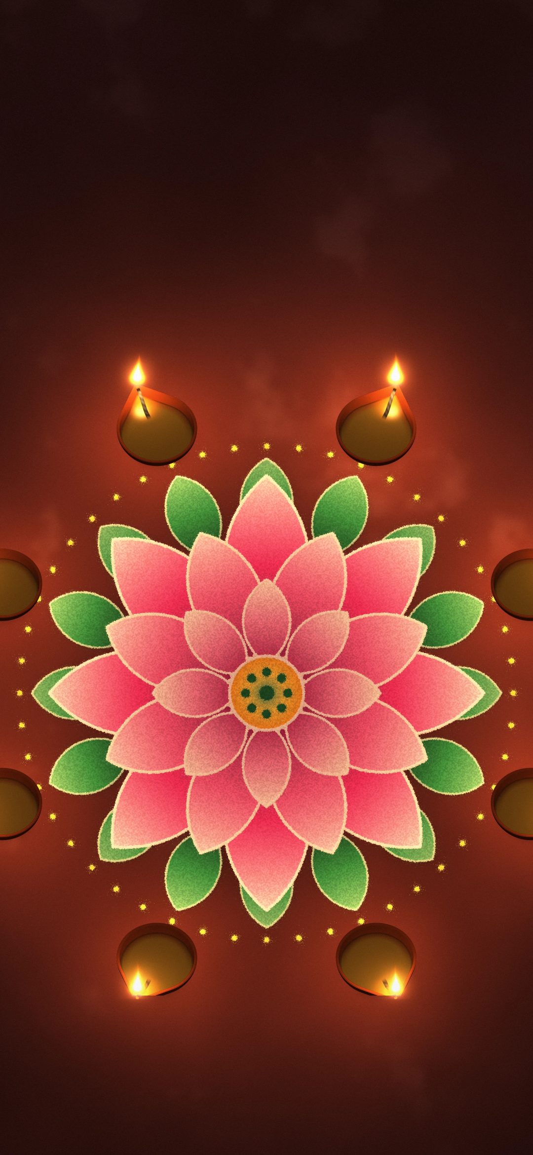 Lotus Rangoli with Diyas: a pink powder lotus with green leaves is circled by eight glowing clay diyas on a red-brown floor at dusk, iPhone wallpaper