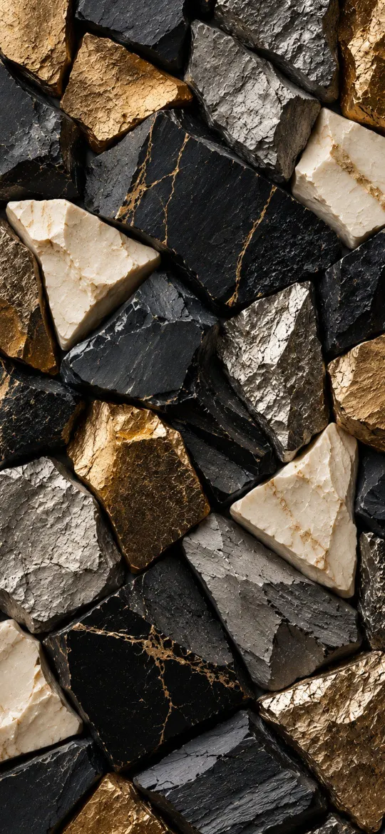 Mosaic of black, silver, gold and ivory rough stone pieces