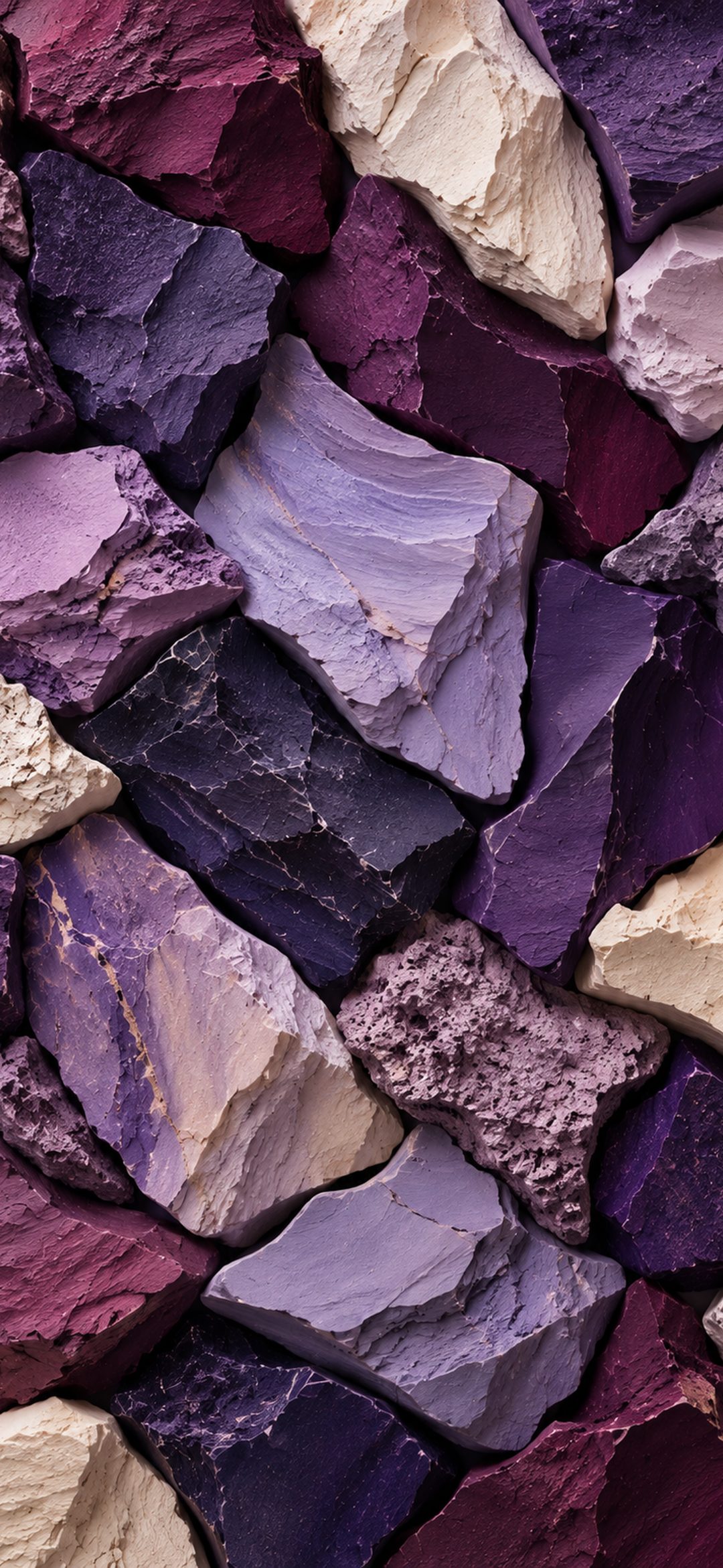 Purple, lavender, plum and cream stone fragments fitted closely together