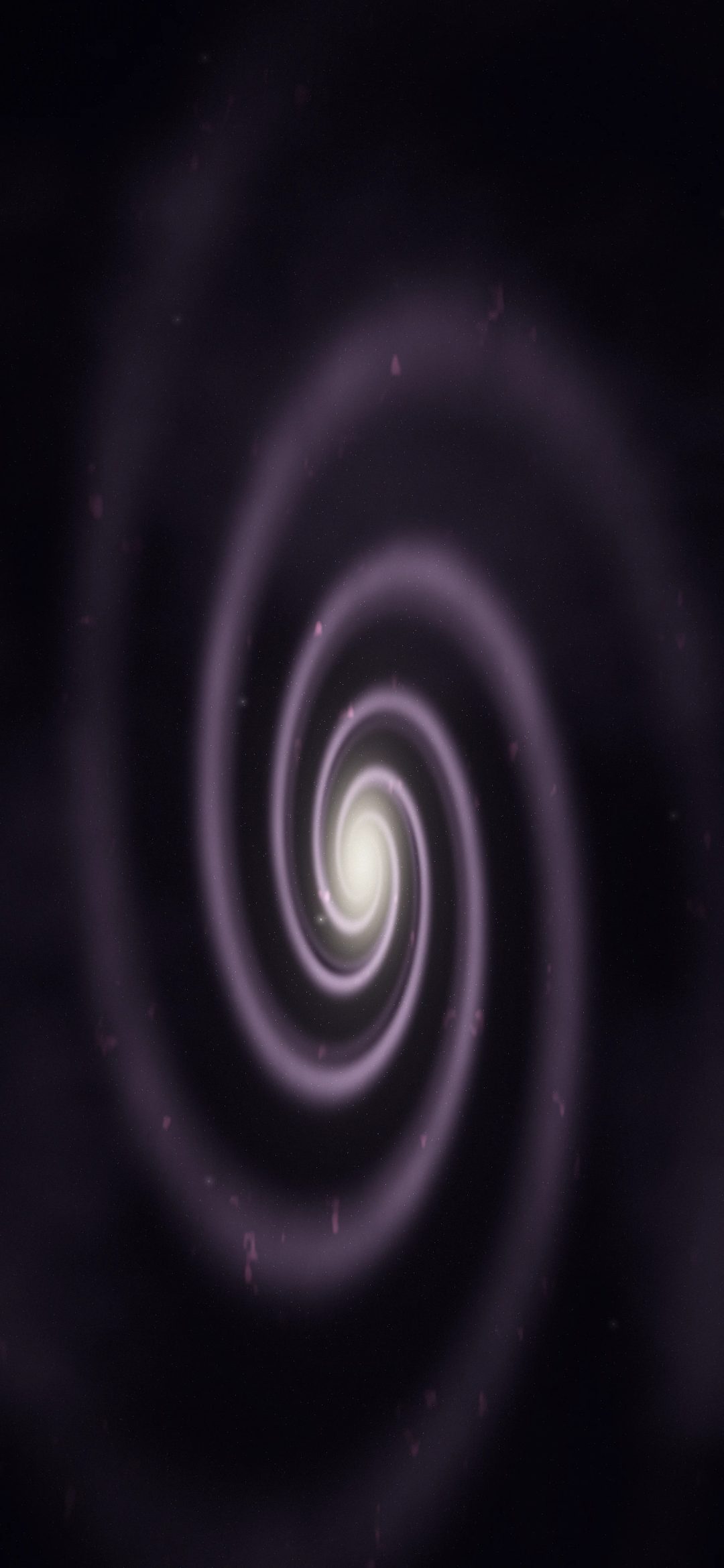 Magenta Pinwheel Galaxy: a three-armed pinwheel galaxy glows pink and lilac around a bright cream core, scattered with rosy star-forming knots, iPhone wallpaper