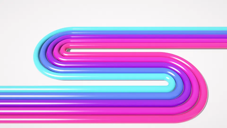 Magenta Pipe Maze: a band of five glossy pipes in magenta, purple, blue and cyan snakes back and forth across a pale lilac floor, PC wallpaper