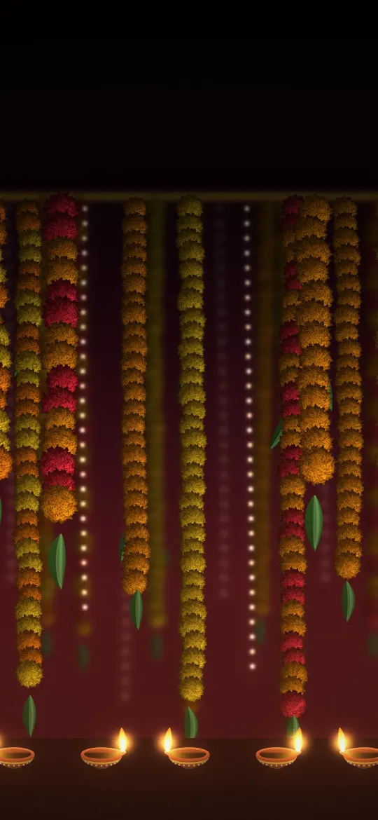 Marigold Garland Curtain: strands of orange, yellow and red marigolds and fairy lights hang like a curtain above a row of diyas, iPhone wallpaper