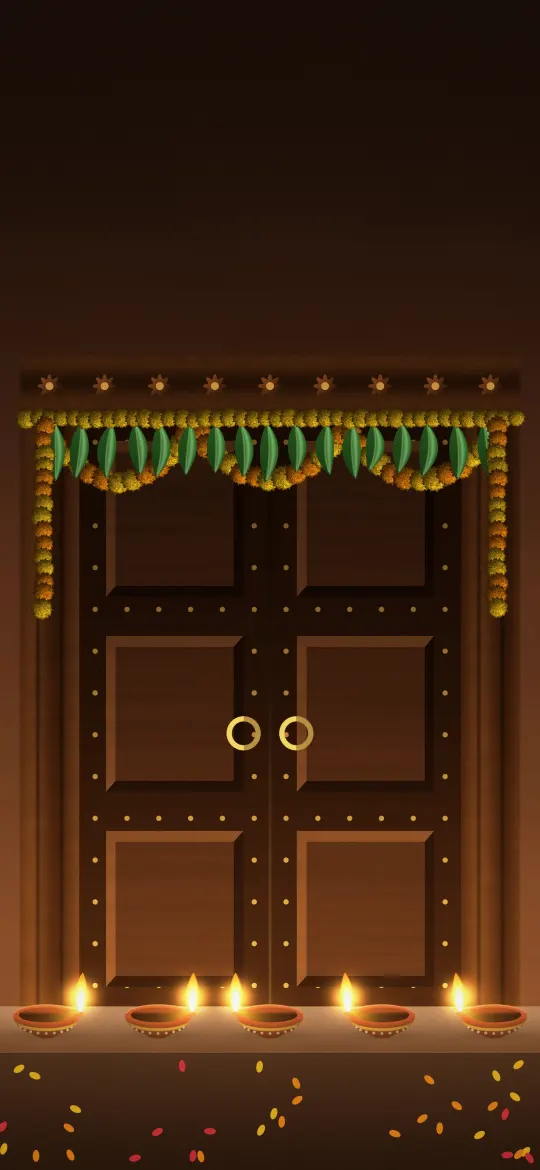 Marigold Toran Doorway: a carved wooden door is framed by a marigold and mango-leaf toran, with five glowing diyas on the step, iPhone wallpaper