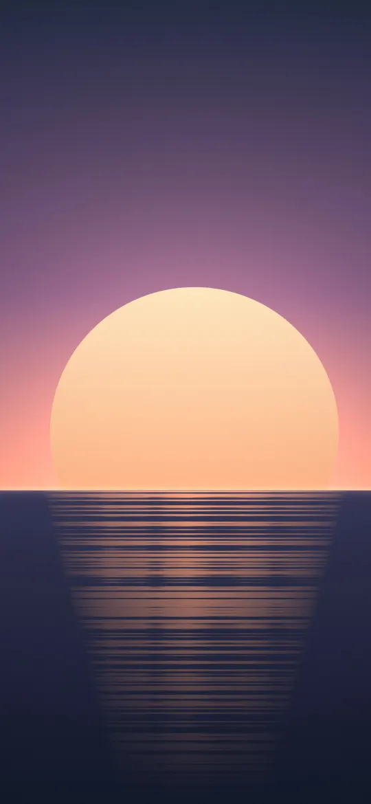 Mauve Sea Sundown: a big peach sun sets into a calm sea under a mauve and navy sky, its reflection breaking into soft streaks of light, iPhone wallpaper