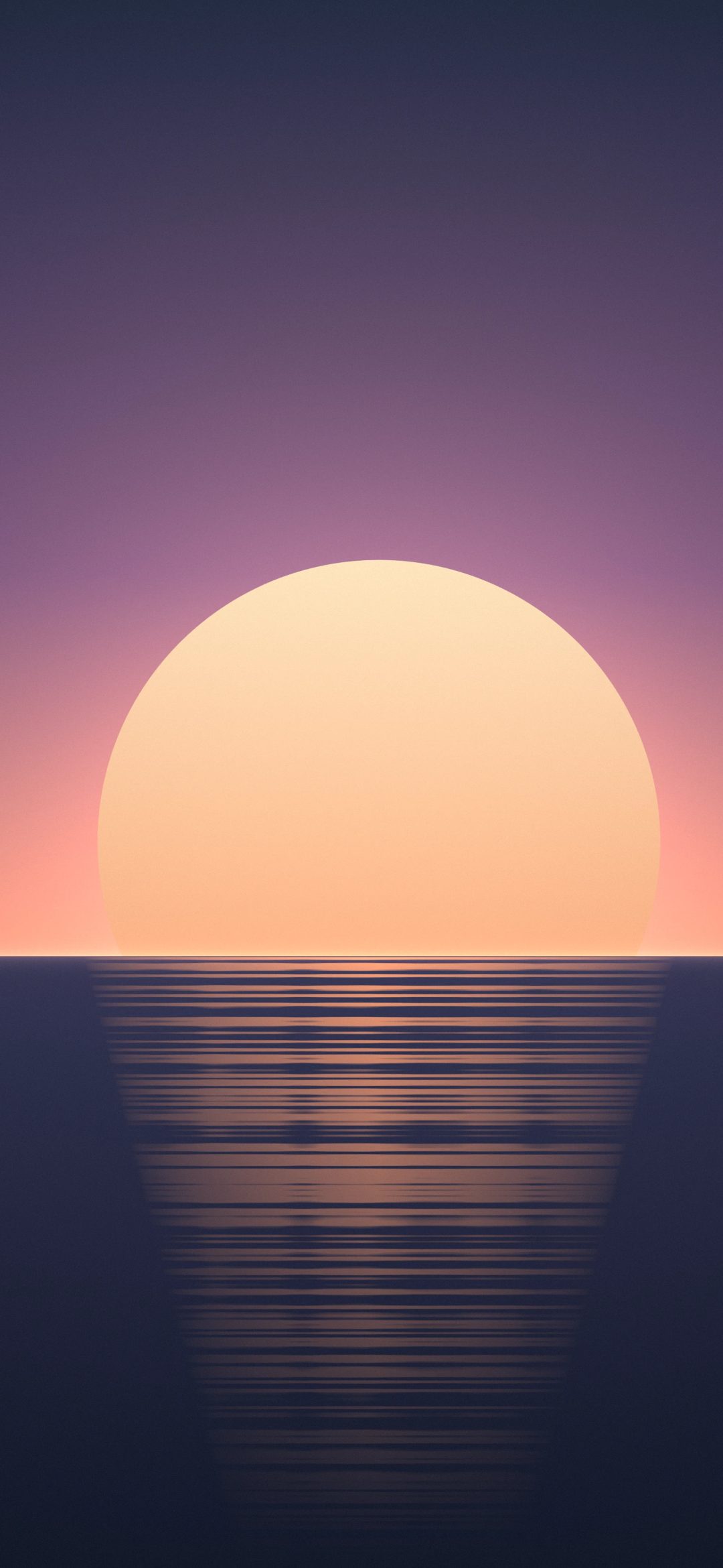 Mauve Sea Sundown: a big peach sun sets into a calm sea under a mauve and navy sky, its reflection breaking into soft streaks of light, iPhone wallpaper